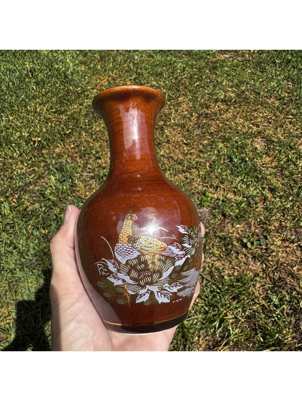 Vintage Peacock Floral Brown Ceramic Vase 6 Inch Decorative Accent